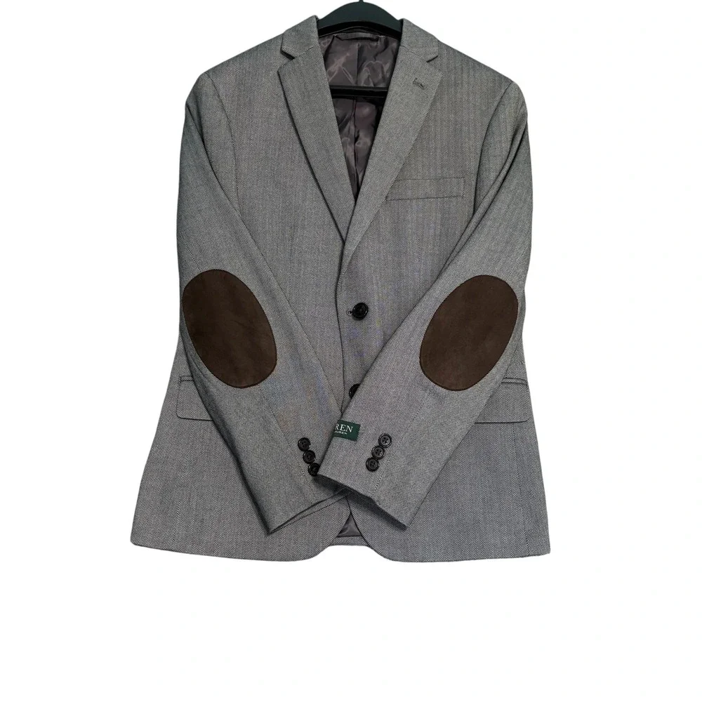 Lauren Ralph Lauren Blazer Boy 14R Gray Herringbone Brown Elbow Patch Sport Coat